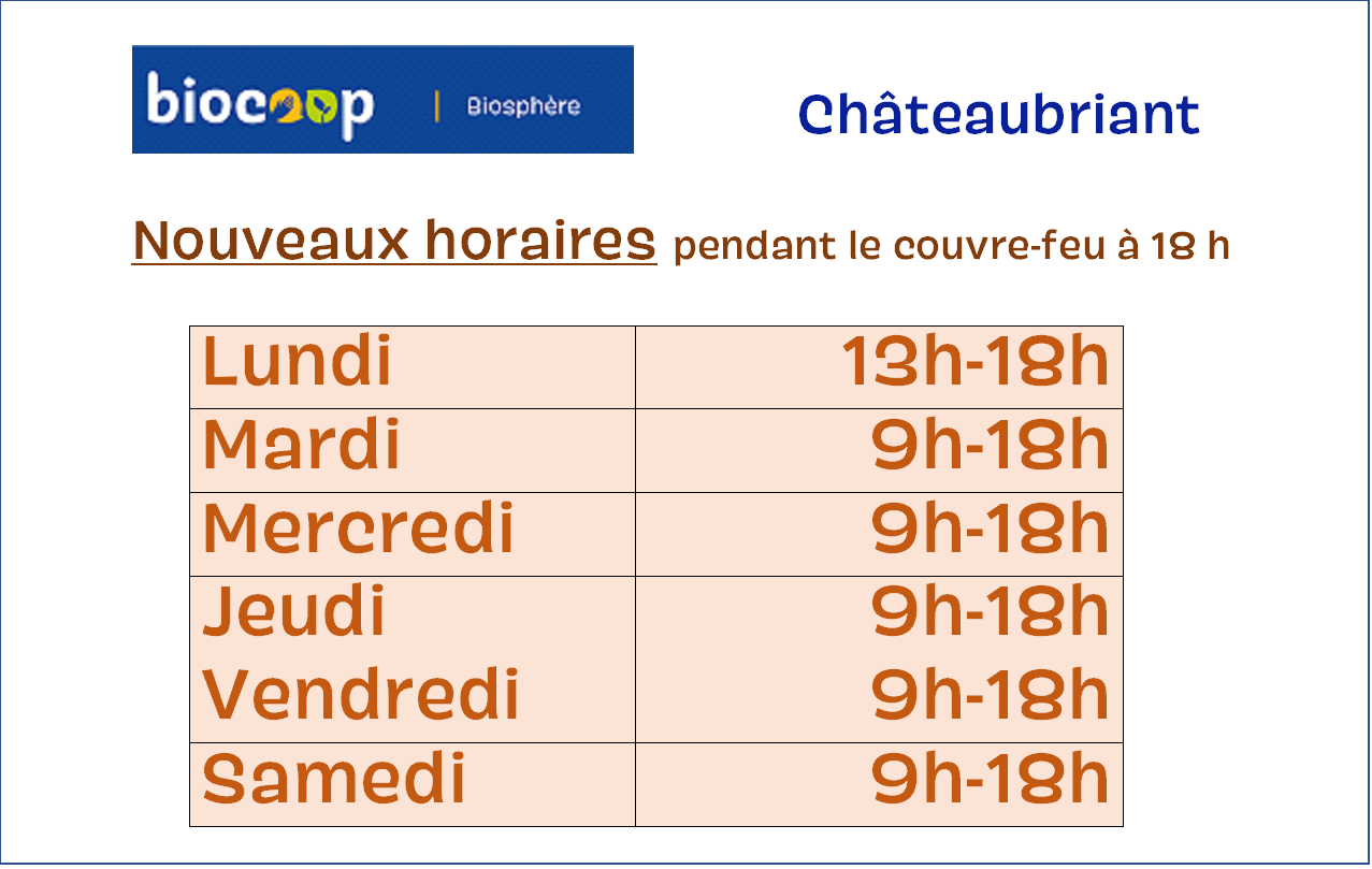 Changement des horaires d'ouverture en raison du couvre-feu à 18h Changement des horaires d'ouverture en raison du couvre-feu à 18h